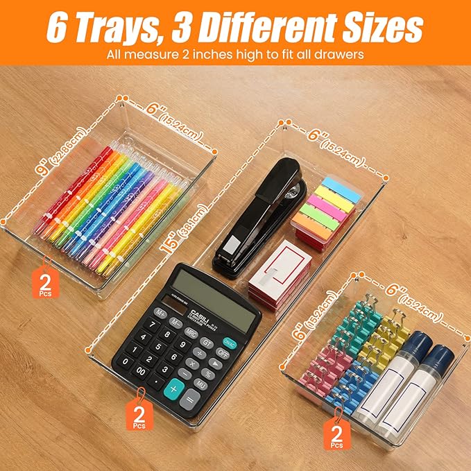 Criusia 6 Pcs Large Size Clear Drawer Organizer Set, Acrylic Non Slip Non Cracking Kitchen Drawer Storage Tray Divider, Multifunctional Storage for Cosmetics, Bathroom, Tools, Kitchen and Office-NeatNest