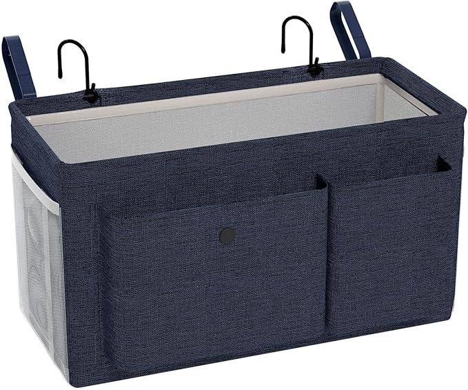 Bedside Caddy Bedside Organizer with Fixed Straps & Water Bottle Holder, Bunk Bed Caddy ideal for Home, Dorm, Hospital, Crib, Versatile Bedside Storage Solution (Navy)-NeatNest