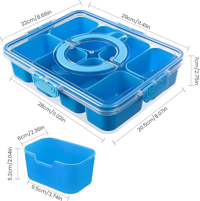 Divided Serving Tray with Lid and Handle - Snackle Box Charcuterie Container for Portable Snack Platters Organizer for Candy, Fruits, Nuts, Snacks - Perfect for Party, Entertaining, Cerulean-NeatNest