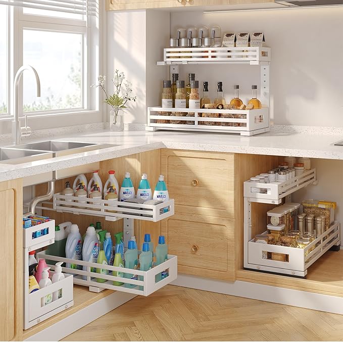 2-Pack 19"Deep Under Sink Organizer And Storage, 2-Tier L-Shaped Pull Out Cabinet Organizer with Upgraded Slide Rails, Height Adjustable Drawers for Kitchen&Bathroom, Extra-Large Storage Shelves–White-NeatNest