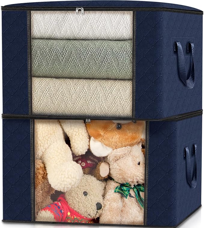 Fab totes 10 Pack Clothes Storage, Foldable Thick Fabric Blanket Storage Bags, Containers for Organizing Bedroom, Closet, Clothing, Comforter,Closet Organization with Handle,Blue-NeatNest