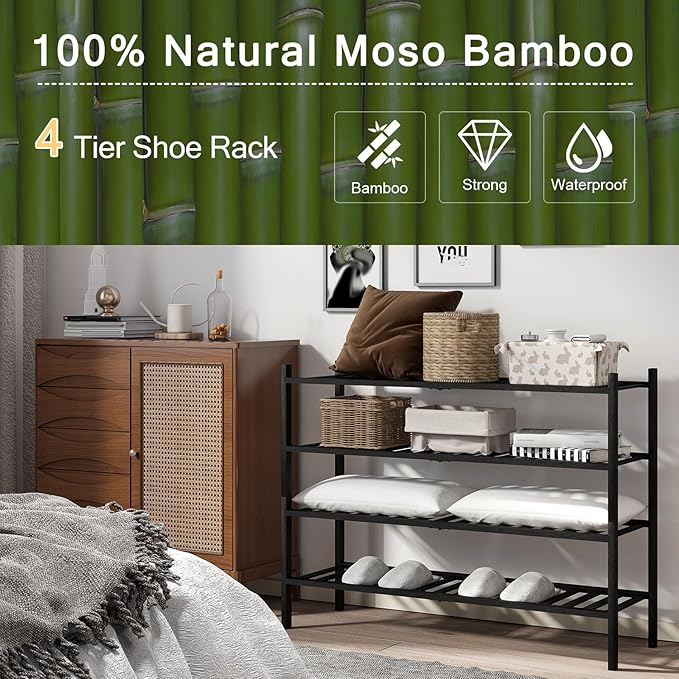 Long Shoe Rack, 4-Tier Bamboo Stackable Shoe Shelf Storage Organizer, Shoe Stand for Closet, Entryway and Hallway(Black)-NeatNest