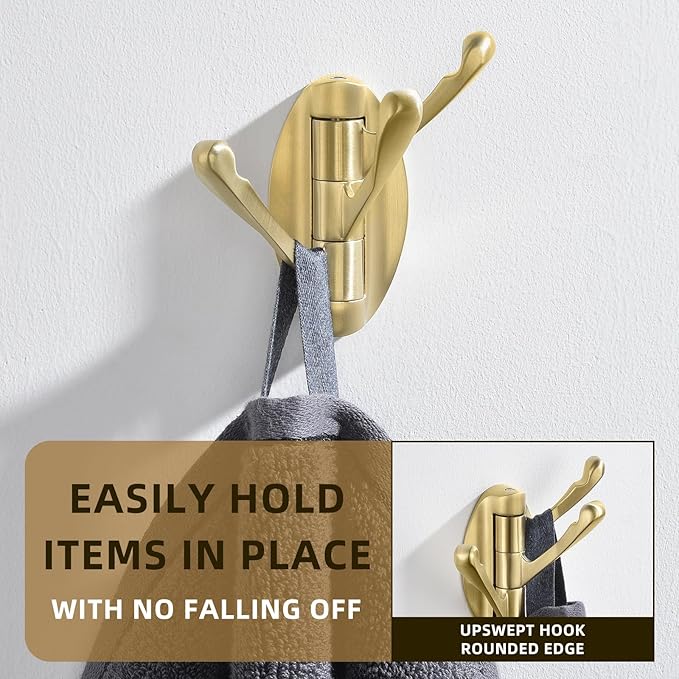 Angle Simple Towel Hook Brushed Gold, Metal Folding Swivel Towel Holder, Bathroom Robe Clothes Coat Hook, Home RV Organizer, Screw Mount