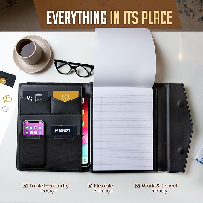 STLYIO Trifold Padfolio - Magnetic Closure. Stretchable Compartment for Tablet, Documents. Elastic Pockets for Phone, Gadgets, Passport, Travel Documents. Letter-Sized Notepad and Gift Box Included.