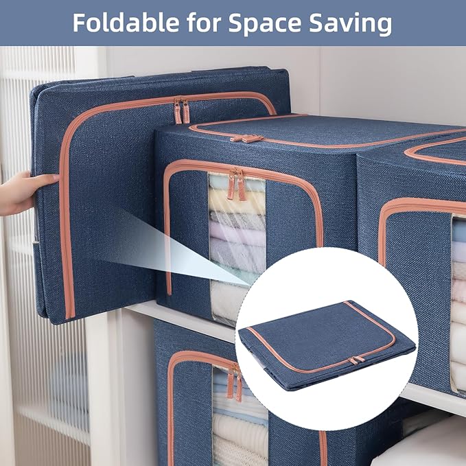 100L Stackable Clothes Storage Bins with Metal Frame Handles & Zipper, Collapsible Closet Organizer Box with Lid for Bedding Blankets Towel (Navy,1 pack)-NeatNest