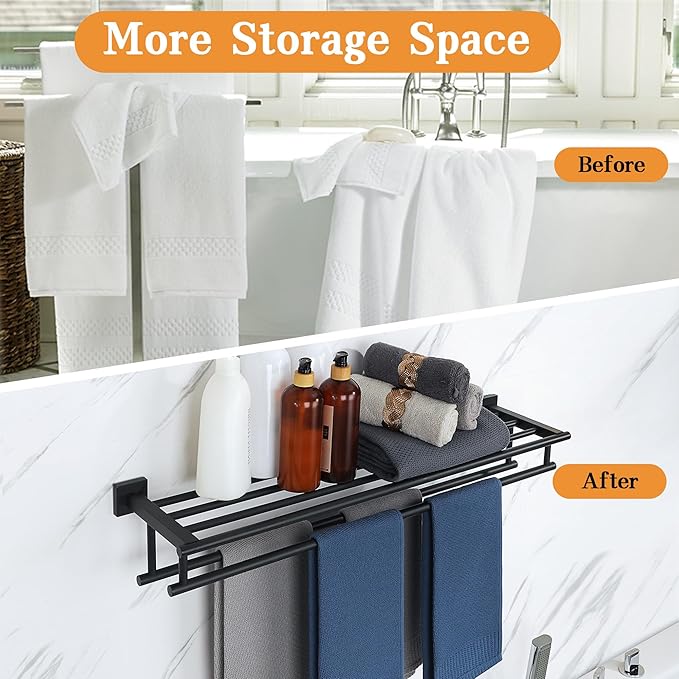 Alise Towel Rack,Towel Holder Towel Shelf with Double Towel Bars for Bathroom Lavatory,28 Inch SUS304 Stainless Steel Wall Mount Towel Hanger,Matte Black