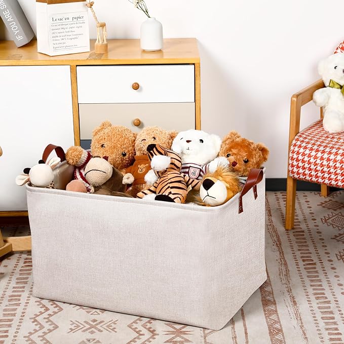 DULLEMELO Large Beige Storage Basket 70L Oversized Canvas Fabric Storage Bin, Collapsible Rectangular Toys Basket Organizer with Handles, 22X15 Storage Container for Clothes, Blankets, Pillows-NeatNest