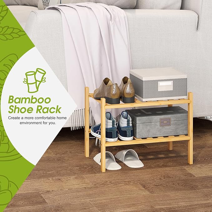 BMOSU 2-Tier Bamboo Small Shoe Rack Premium Stackable Shoe Shelf Storage Organizer for Hallway Closet Living Room Entryway Organizer (Natural Bamboo)-NeatNest