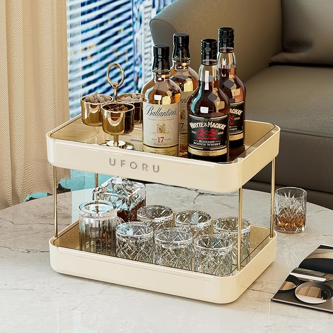 Countertop Coffee Station Organizer, 2 Tier Wine Glass Holder, Mug Shelf with Removable Drain Tray, Spice Rack for Kitchen, Bathroom Countertop Organizer, Cream White-NeatNest