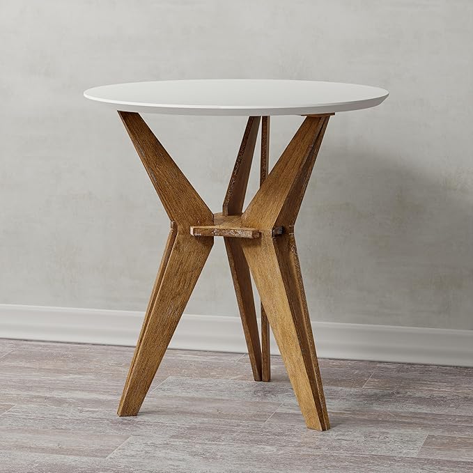 Farmhouse End Table Distressed Wood Side Table with Crisscross Legs and X Legs, Accent Table with White Top and Tripod Base for Living Room, Office, Boho Decor, Modern Rustic, Nature, Round