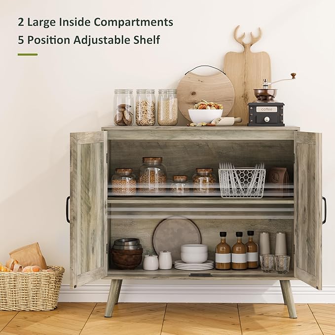 Farmhouse Sideboard Cabinet, Buffet Storage Cabinet with Handmade PVC Rattan Decor Doors & Adjustable Shelf, Wood Accent Table Coffee Station for Kitchen, Living Room, Entryway, Grey Oak-NeatNest