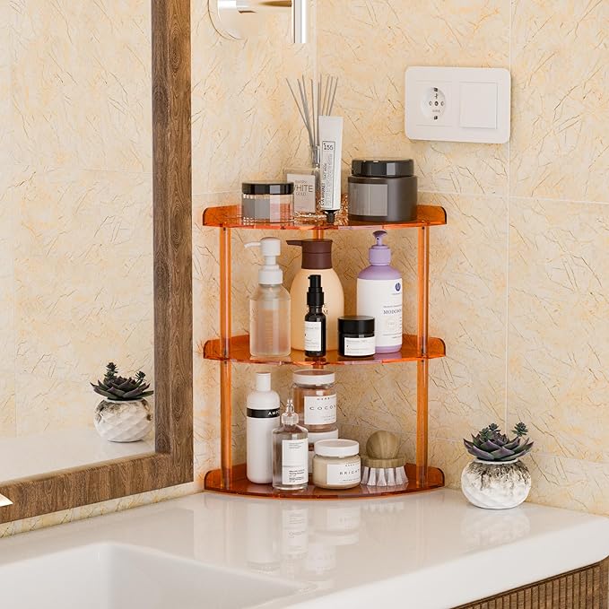 3 Tier Acrylic Corner Shelf Organizer Storage 9.5x9.5x15.7 Inch, Orange Countertop Corner Shelf for Bathroom, Kitchen, Bedroom, Office, Study Room-NeatNest