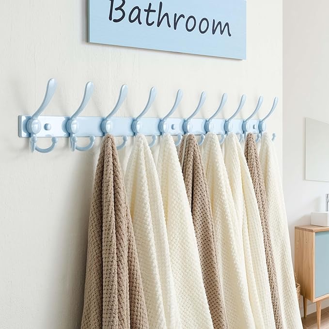 Dseap MaxStrong 2.0 Coat Rack Wall - 37” Long 10 Tri Hooks - Ultra Heavy-Duty Stainless Steel Wall Mount Coat Hanger, Hook Rail for Clothes Hats Jacket Towels Blue