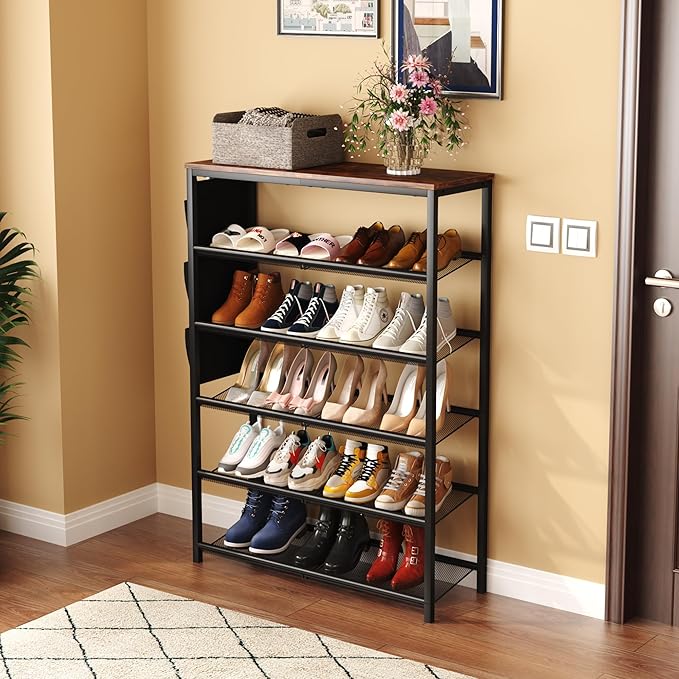 HOMEFORT 6 Tiers Shoe Rack for Entryway,30" Shoe Storage Shelf for Closet, Shoe Organizer with Adjustable Mesh Shelves, for 18-24 Pairs of Shoes, Industrial Shoe Stand with Side Pocket,Rustic Brown-NeatNest