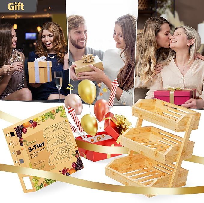 Bamboo 3 Tier Fruit Basket For Counter, Large Capacity Fruit Storage Countertop, Fruit Holder, Wooden Pantry Organizers and Storage, Kitchen Countertop Organizer With Two Banana Hangers (Bamboo)