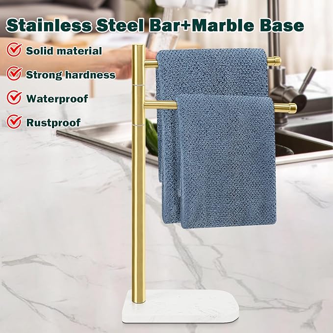 Hand Towel Holder, F-Shape Hand Towel Stand with Marble Base, Stainless Steel Swivel Hand Towel Rack Bar Standing for Bathroom Kitchen Countertop, 2 Arms (Gold)