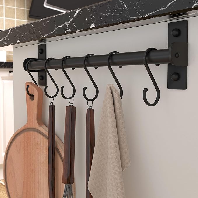 Dseap Kitchen Utensil Holder Hanger, Pot and Pan Rack Wall Mounted, Kitchen Rail with 8 Hooks for Hanging Cooking Utensils, Mugs, Spoons, Wall Mounted, Black-NeatNest