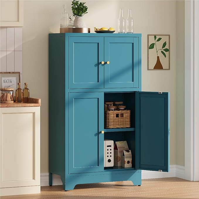 Bathroom Floor Storage Cabinet, Freestanding Accent Cabinets with 4 Doors and 2 Adjustable Shelves,Teal Blue Metal Locker Cabinets for Restroom, Kitchen,Living Room,Hallway
