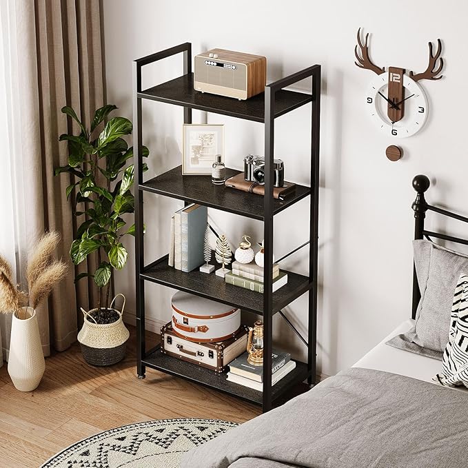 Casaottima Book Shelf, 4 Tier Bookshelf, Modern Wood Bookcase Shelves for Bedroom, Industrial Display Shelf for Living Room Home Office Kitchen, Standing Shelving Unit Storage Organizer, Black-NeatNest