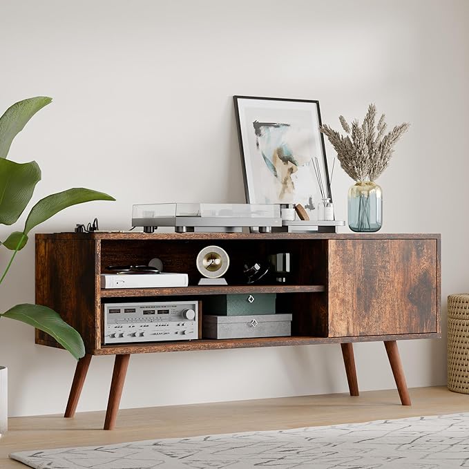 Cozy Castle TV Stand for 48 Inch TV, Mid Century Modern Entertainment Center with Storage Cabinet, TV Media Console for Living Room, Bedroom, Rustic Brown-NeatNest