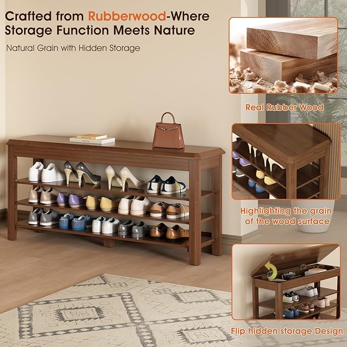 Shoe Rack Bench Seat Rubberwood 3-Tier Wooden Storage Bench 550lbs Compact Mid-Century Modern Design for Entryway, Hallway, Closet, Front Door Entrance, Foyer