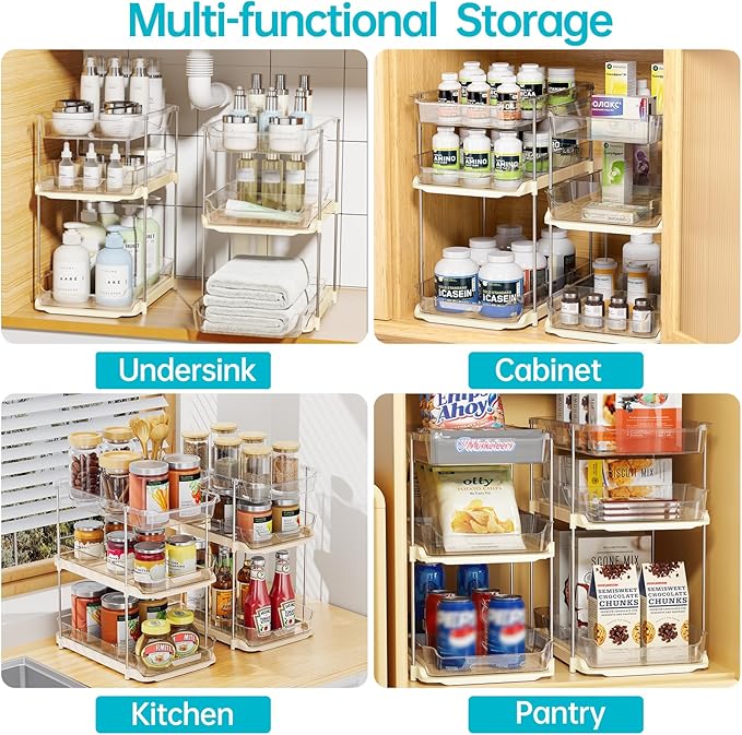 Delamu 2 Sets of 3-Tier Bathroom Under Sink Organizers and Storage, Multi-Purpose Stackable Pantry Organization and Storage, Beige-NeatNest
