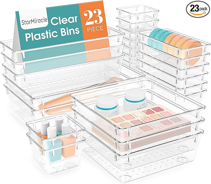 23 PCS Drawer Organizer Set, 5 Varied Size Bathroom and kitchen Drawer cabinet organizer Trays, Clear Storage Bins for Makeup, Jewelry, Utensils and Gadgets-NeatNest