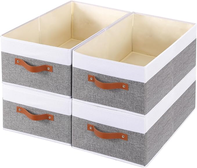 Foldable Storage Bins, 16.1 × 9.8 × 6.5 inch Closet Bin with Handles, Fabric Clothes Boxes for Drawers, Baskets for Organizing Shelves, 4 Pack, White and Grey-NeatNest