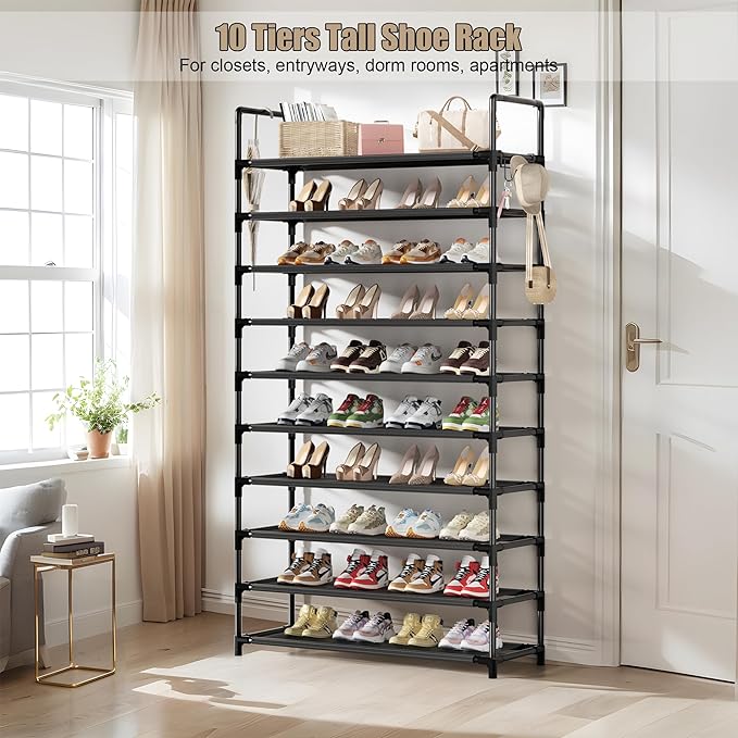 Shoe Rack, 10 Tier Shoe Storage Organizer with Hooks,Fit 40-45 Pairs Shoes,Metal Tall Shoe Shelf for Closet,Entryway, Hallway,Garage,Bedroom,Cloakroom-NeatNest