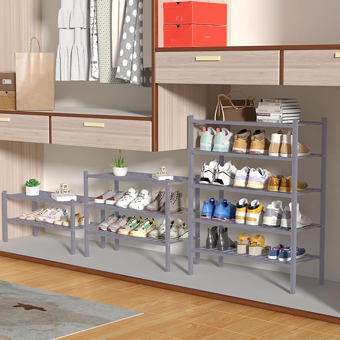 4 Tier Bamboo Shoe Rack for Closet Free Standing Wood Shoe Shelf for Entryway Small Space Stackable 27"x11"x26" (Grey)-NeatNest