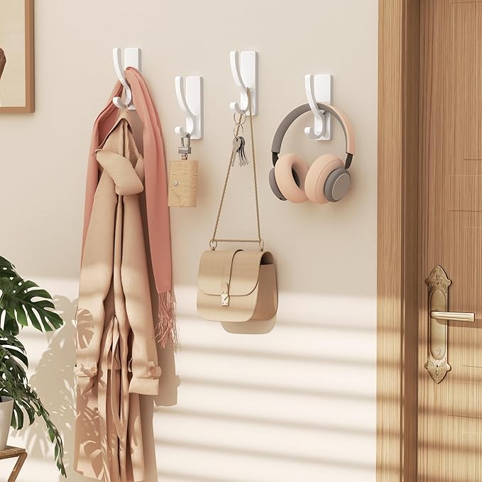 Adhesive Wall Hooks for Towels Coats - Stick On Hooks Hanging Heavy Duty (13lb), Metal Hook for Door, Bathroom, Dorm, Closet - Hanger for Purse, Bag, Robe,Backpack - No Damage to Wall - White 4 Pack