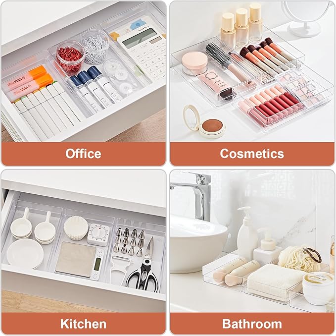 SMARTAKE 6 PCS Clear Plastic Drawer Organizers Set, Large Size Non-Slip Desk Drawer Organizer, Versatile Bathroom and Vanity Drawer Organizer Trays for Makeup, Bedroom, Office, Kitchen Utensils-NeatNest