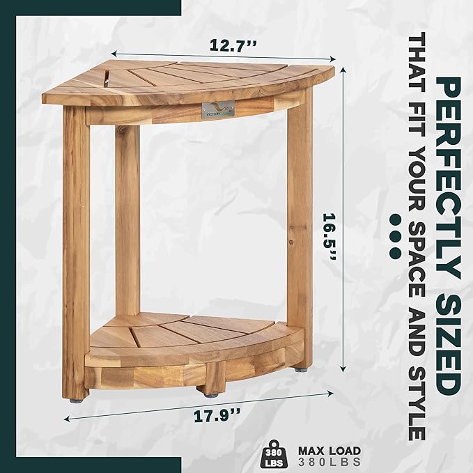 Acacia Corner Shower Stool, Waterproof Spa Foot Rest & Bath Bench with Storage Shelf & Soap Dish, Ideal for Bathroom, Shaving Legs, or as Small Corner Table/Step Stool (Light Natural)
