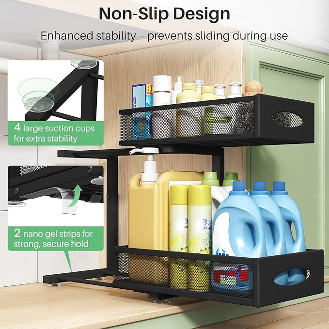 Under Sink Organizer, 2 Tier Pull out Cabinet Organizer Baskets with Mesh Sliding Drawers, Slide out Storage Shelf for Home, Kitchen, Bathroom, Pantry, Office Cabinet, Countertop(1 Pack)-NeatNest