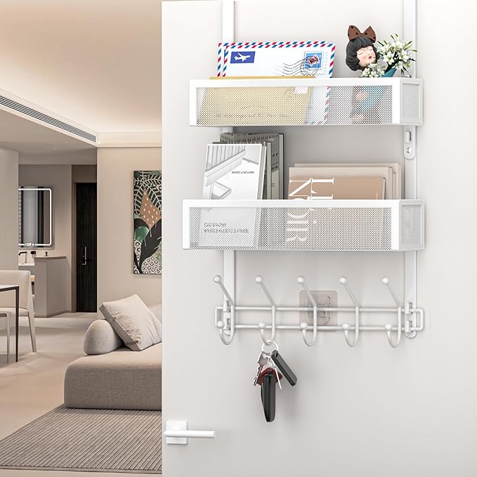 Adjustable Over The Door Hooks Organizer, Door Hanger Coat Rack with 2 Mesh Baskets and 10 Hooks, Back of Door Storage Organizer for Bedroom,Bathroom,Kitchen (White)