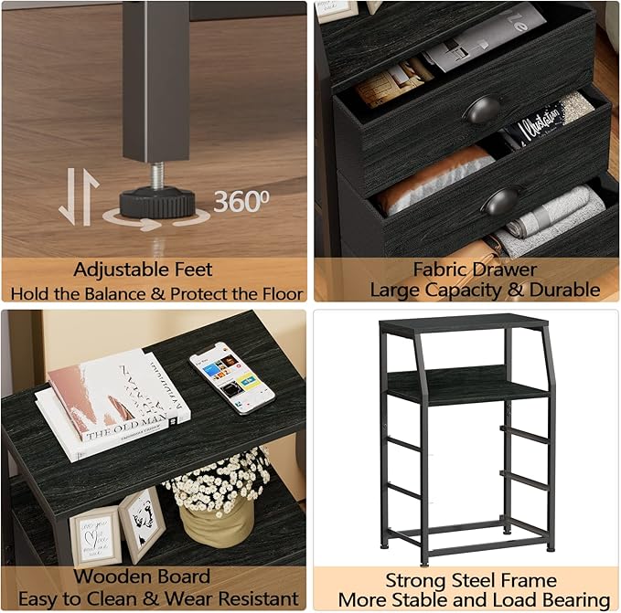 Furnulem Black Night Stand, Small Dresser for Bedroom, Nightstand with 3 Fabric Storage Drawers and 2-Tier Shelf, End Table Side Furniture for Closet, Hallway, Nursery, Sturdy Steel Frame, Wood Top-NeatNest