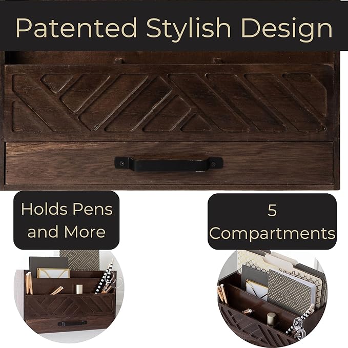 BLU MONACO Mail Organizer for Desk – Brown Wooden Mail Sorter with Drawer and 6 Compartments – Rustic Letter Organizer with Black Handle – Desktop File Holder for Home Office, Entryway, or Kitchen-NeatNest