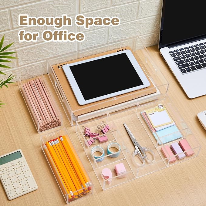4 Pack Desk Drawer Organizer Set 3 Size Clear Acrylic Drawer Organizer Trays and Storage Dividers Office Accessories for Pen Makeup Silverware Office Bathroom