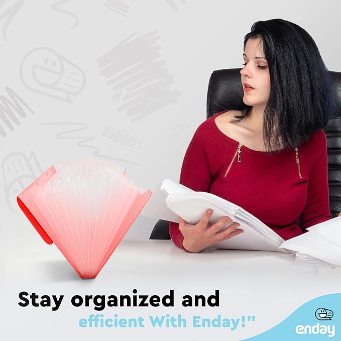 Accordian File Organizer, 13 Pocket Expanding File & Cover Folder with Labels, Plastic Portable Desktop Supplies Letter A4 Paper in Red and Grey (2 Pack) – by Enday