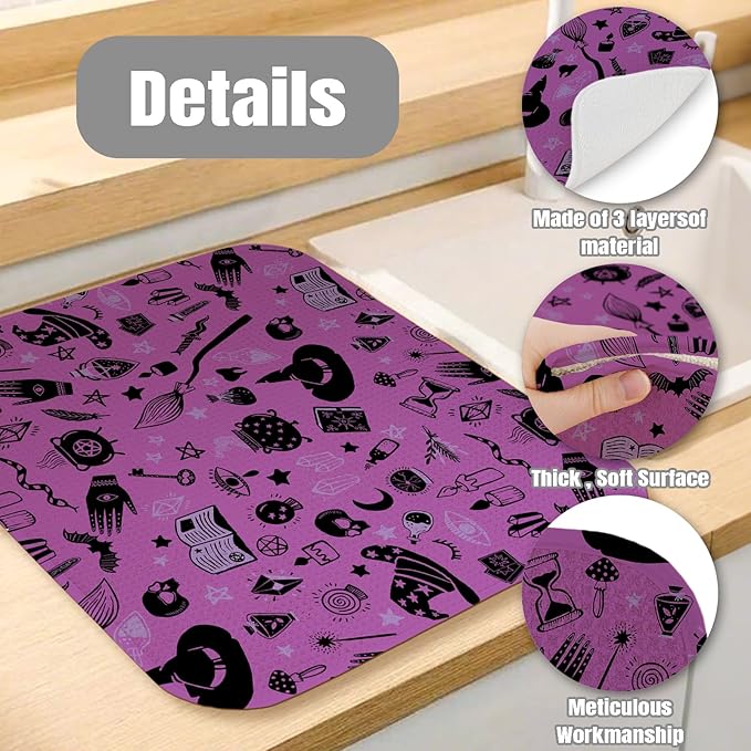 Dish Drying Mat for Kitchen Counter Large 18" x 24" Purple Halloween Witch Absorbent Microfiber Dishes Drainer Rack Mats Pad Reusable Washable