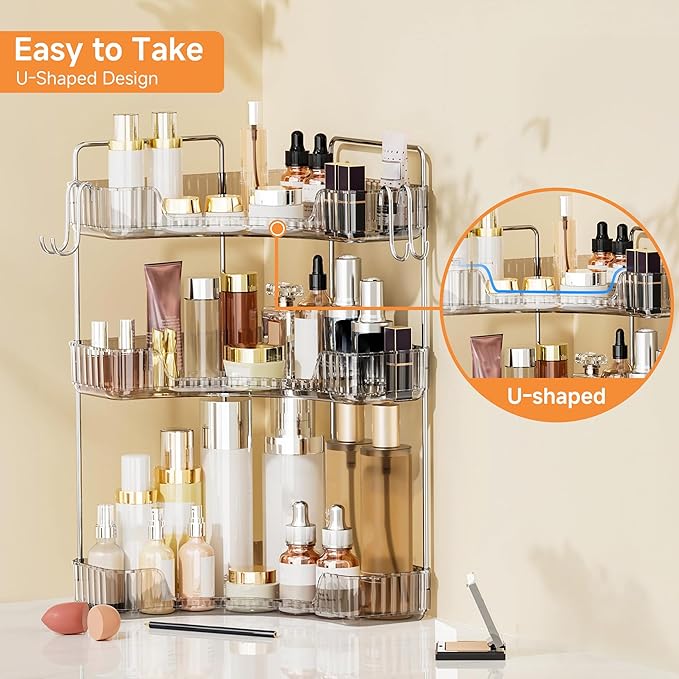 Makeup Organizer for Vanity 3-Tier Corner Bathroom Organizer Countertop with Hooks Bathroom Countertop Perfume Organizer Corner Bathroom Counter Corner Storage-Gray-NeatNest