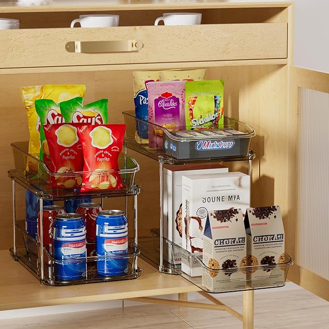 Delamu 2 Sets of 2-Tier Clear Under Sink Organizers and Storage, Multi-Purpose Stackable Bathroom Cabinet organizers, Grey-NeatNest