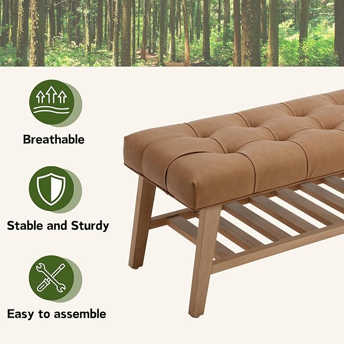 Entryway Shoe Bench Storage Benches with Upholstered Button Tufted Seat and Open Slatted Shelf PU Leather Ottoman Bench for Hallway Living Room Bedroom End of Bed, Brown-NeatNest