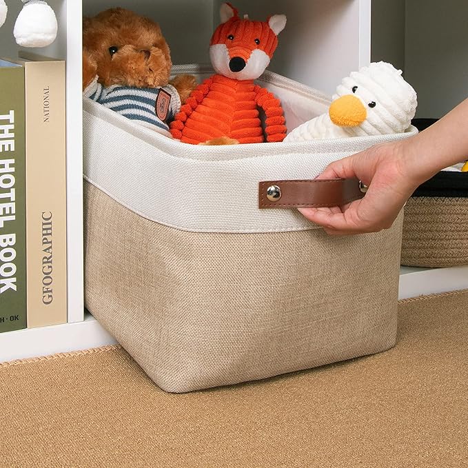 DULLEMELO Collapsible Rectangle Fabric Storage Basket for Organizing Clothes, Toys, Towels, Books, Laundry, Nursery, Dog Toys (White & Khaki)-NeatNest