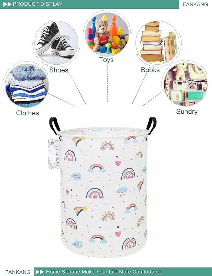 FANKANG Storage Basket, Nursery Hamper Canvas Laundry Basket Foldable with Waterproof PE Coating Large Storage Baskets for Kids Boys and Girls, Office, Bedroom, Clothes,Toys(Love Rainbow )