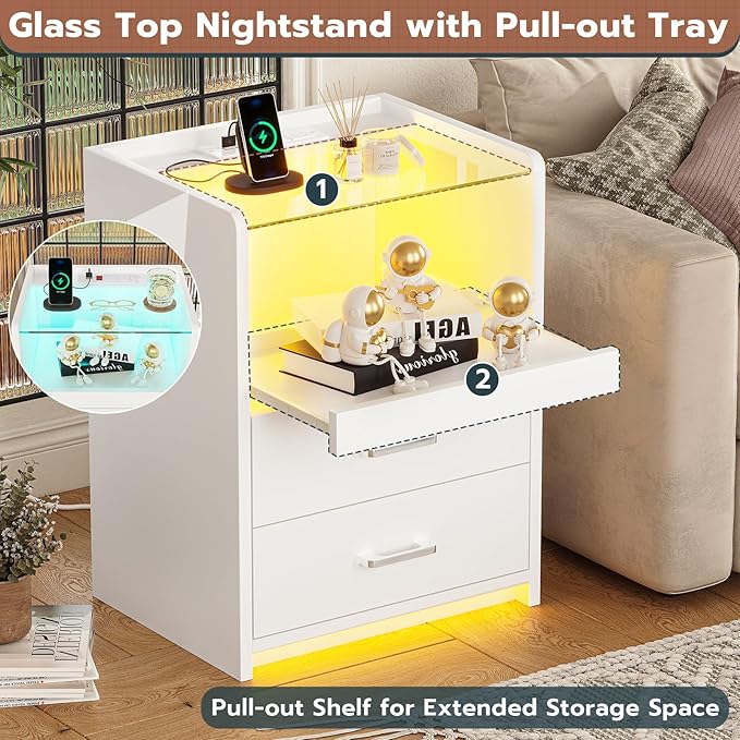 VIAGDO White Nightstand Set of 2 with Charging Station and LED Lights, 2 Drawers LED Night Stand with Tempered Glass Tabletop, Modern End Side Tables with Pull-Out Tray, Open Storage Bedside Tables