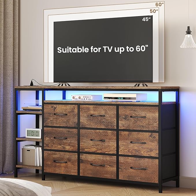 60 inch TV Stand Dresser for Bedroom with LED Lights & Charging Station, 9 Fabric Drawers, Entertainment Center with Drawers & Open Shelves for Living Room, Bedroom, Rustic Brown-NeatNest