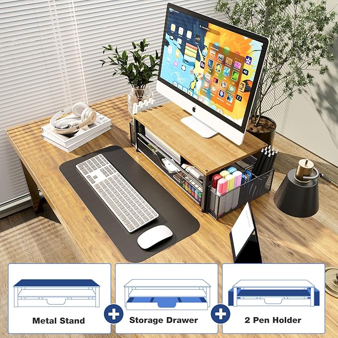 Desk Organizers and Accessories, 2-Tier Computer Monitor Stand Riser with Drawer and 2 Pen Holders, Laptop Stand, Office Desk Accessories for Office Supplies, Oak