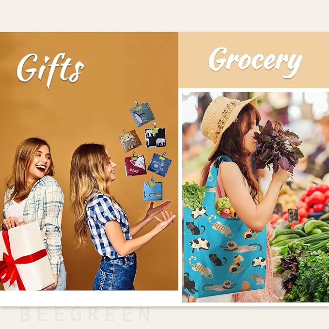 BeeGreen Heavy Duty Bulk Large Reusable Grocery Bags 6 Pack - Foldable Sturdy Recycled Cloth Animal Print Shopping Totes with Handles -Reusable Gifts Bags for Groceries, Travel, Storage & Women-NeatNest