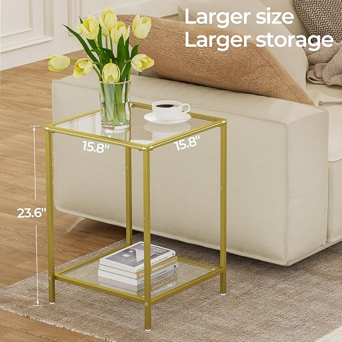 Side Tables Set of 2, End Table with Tempered Glass, 2-Tier Nightstands with Storage Shelves, Coffee Table with Modern Style, Square Sofa Table for Living Room, Bedroom, 15.7"D x 15.7"W, Golden